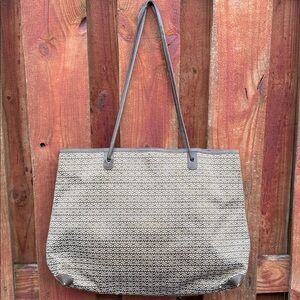 Mark Cross Woven Neutral Tote with Gray Trim and Shoulder Straps